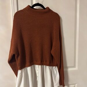 Brown sweater with white silk button down shirt attached